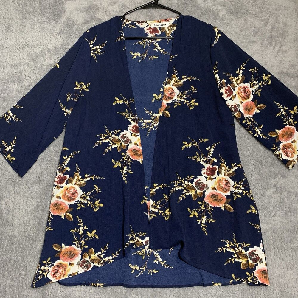 Abollria Floral Kimono Cardigan Womens MediumNavy Blue 3/4 Sleeve OpenFront Boho
